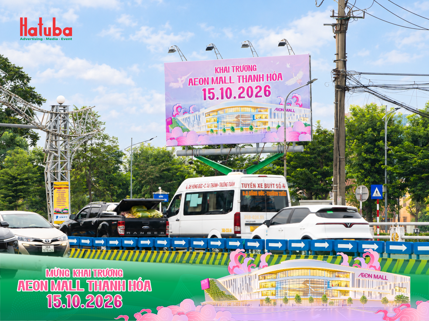 Pano quảng cáo khai trương AEON MALL Thanh Hóa do HATUBA triển khai với ô tô và xe buýt lưu thông phía trước