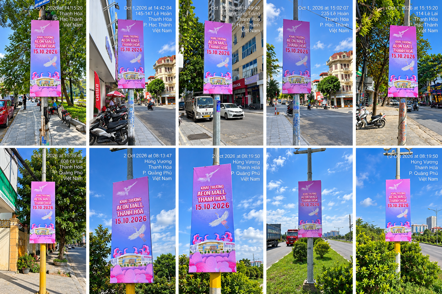 Hệ thống phướn quảng cáo khai trương AEON MALL Thanh Hóa do HATUBA triển khai trên các tuyến đường trọng điểm