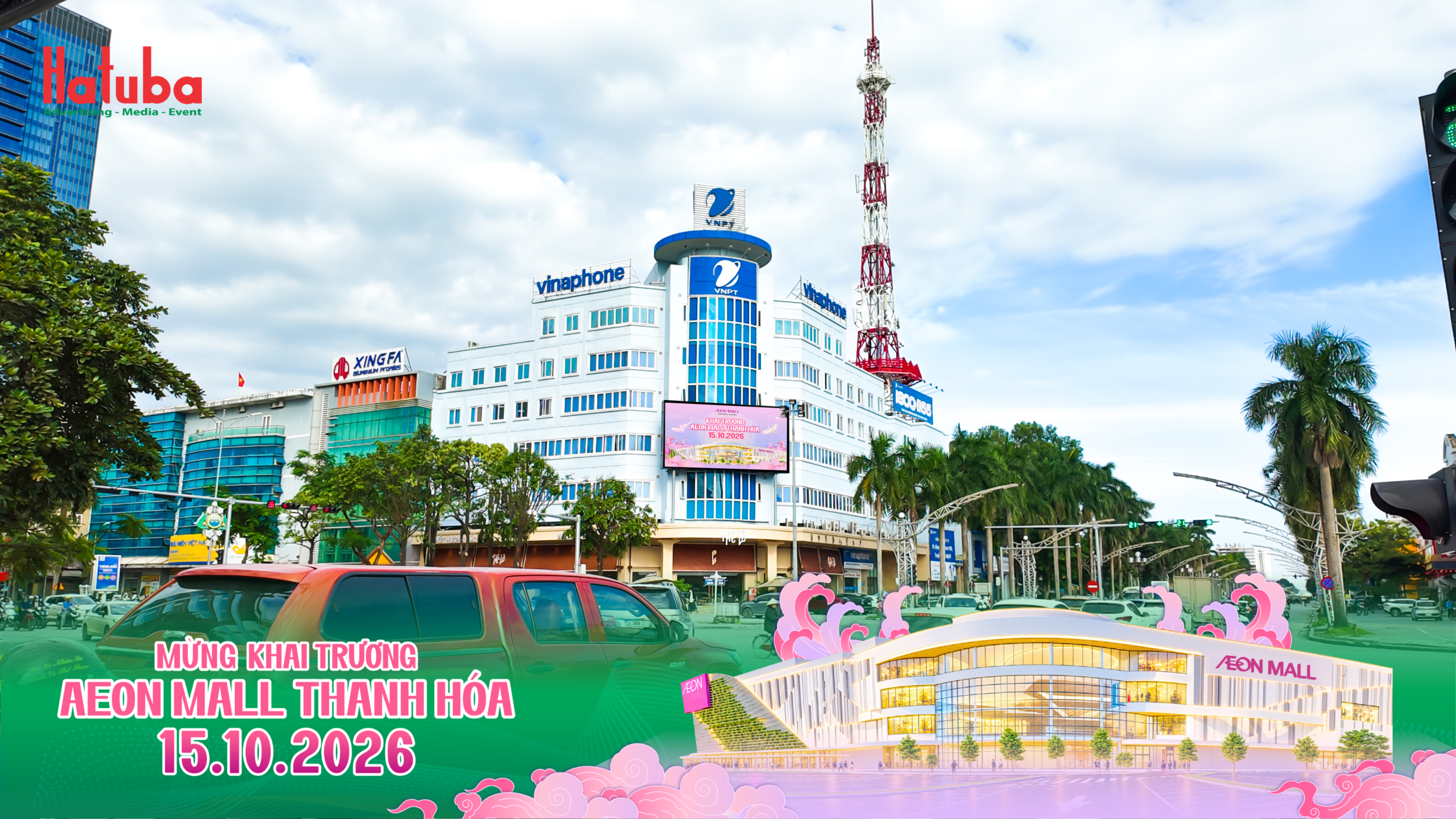 Màn hình LED quảng cáo khai trương AEON MALL Thanh Hóa tại ngã tư Đại lộ Lê Lợi vào ban ngày