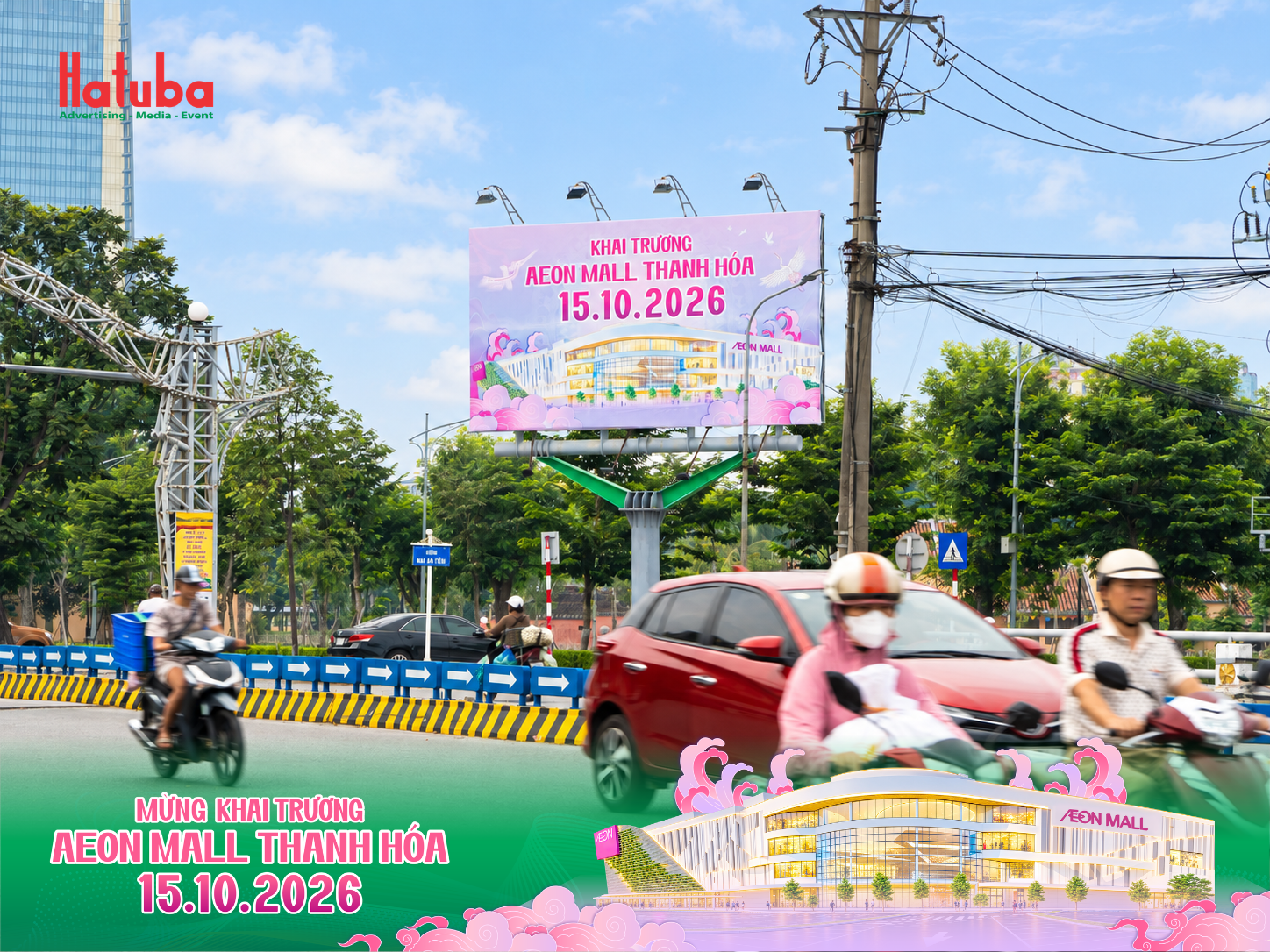 Pano quảng cáo AEON MALL Thanh Hóa nổi bật tại khu vực giao thông với nhiều phương tiện di chuyển phía trước