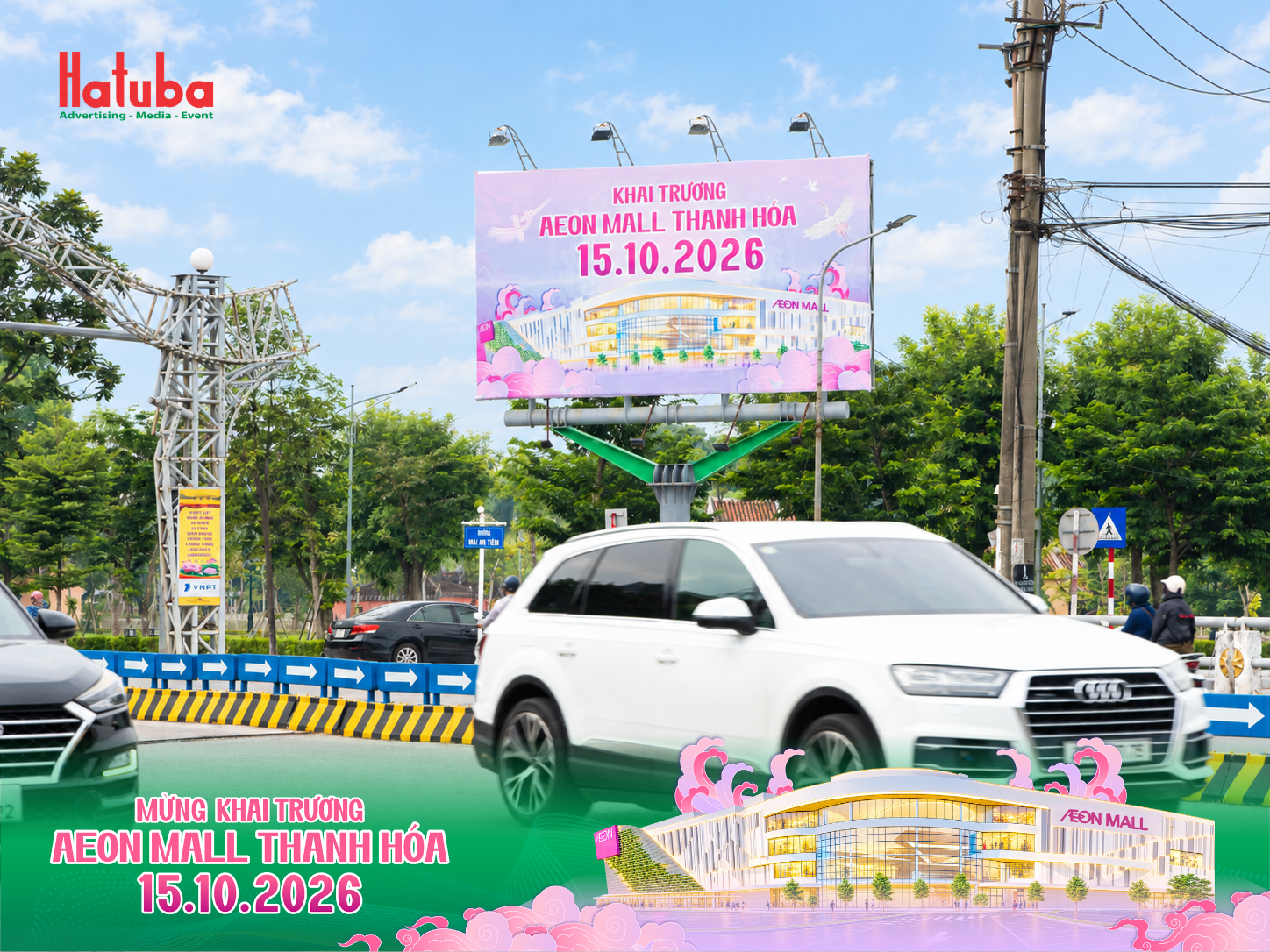Pano quảng cáo khai trương AEON MALL Thanh Hóa ngày 15/10/2026 tại Công viên Hội An do HATUBA triển khai