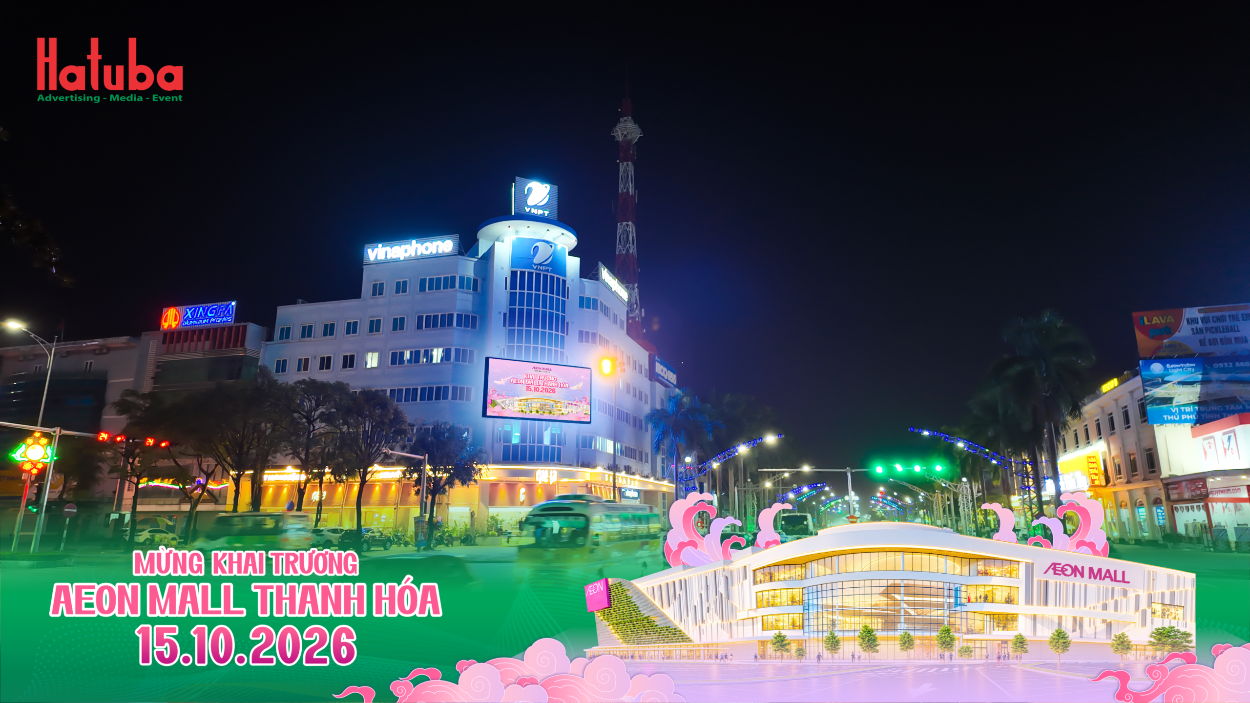 Màn hình LED quảng cáo AEON MALL Thanh Hóa tại ngã tư Đại lộ Lê Lợi vào buổi tối với hệ thống chiếu sáng đô thị