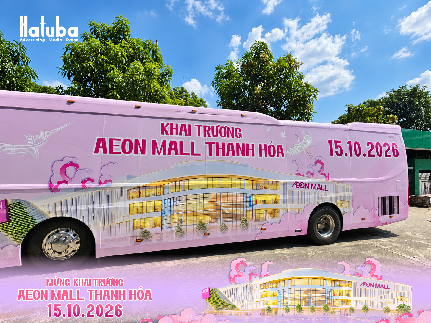 Toàn cảnh thân xe buýt được phủ hình ảnh quảng cáo khai trương AEON MALL Thanh Hóa ngày 15/10/2026